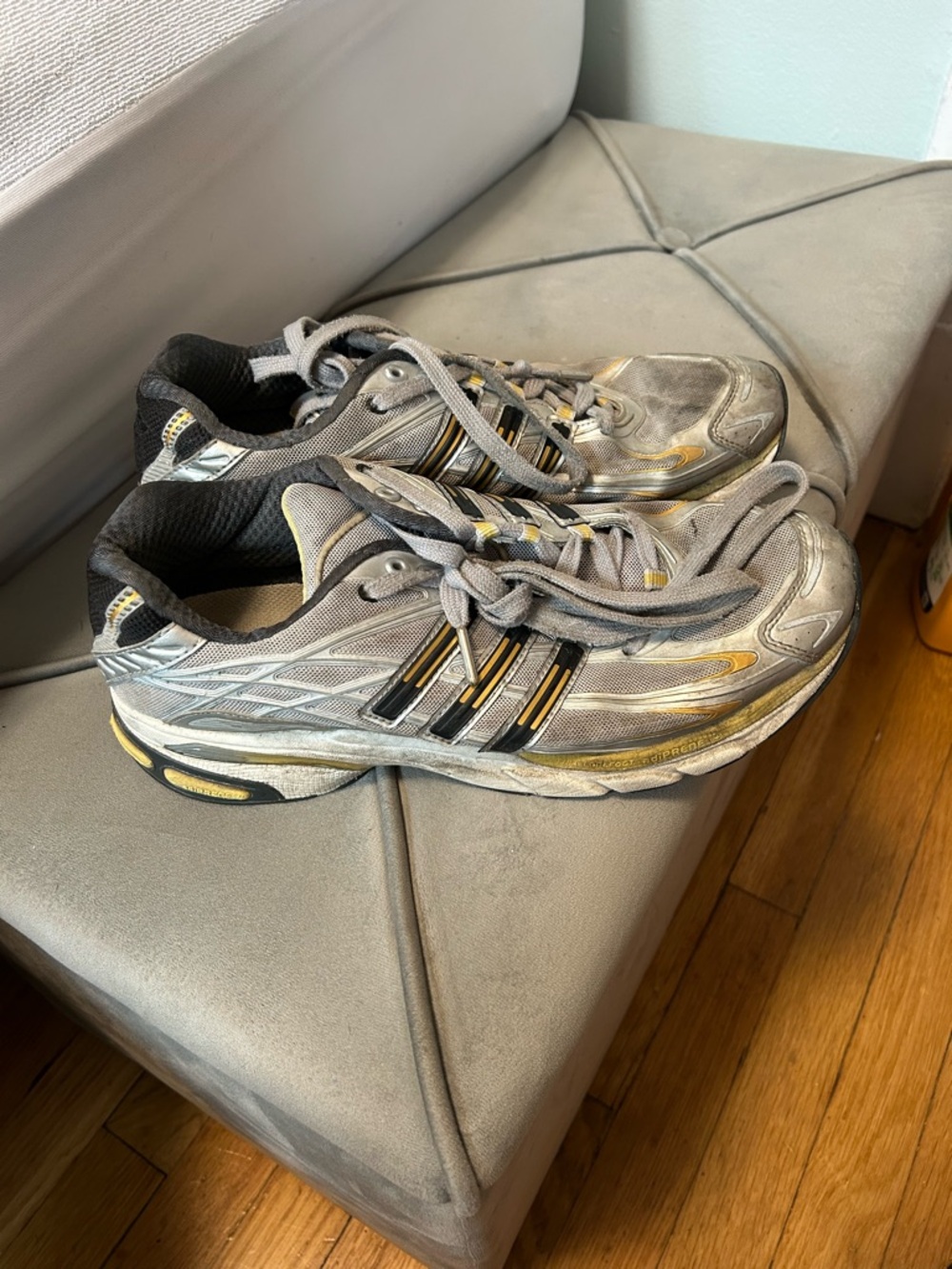 adidas Gray and Black Athletic Running Shoes with Yellow Accents